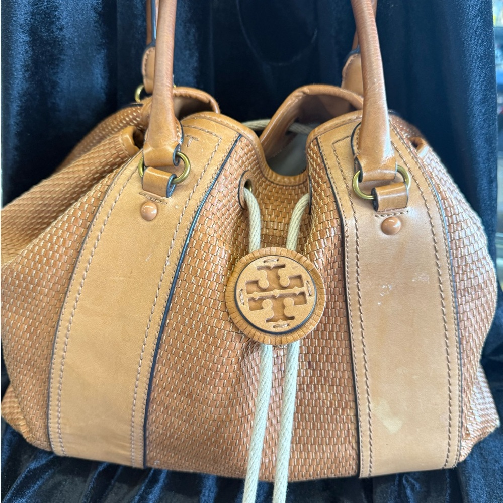 Tory Burch Tan Woven Leather Drawstring Shoulder Bag